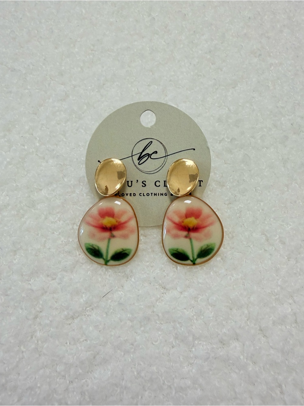 Gold-Trim Pink Floral Drop Earrings